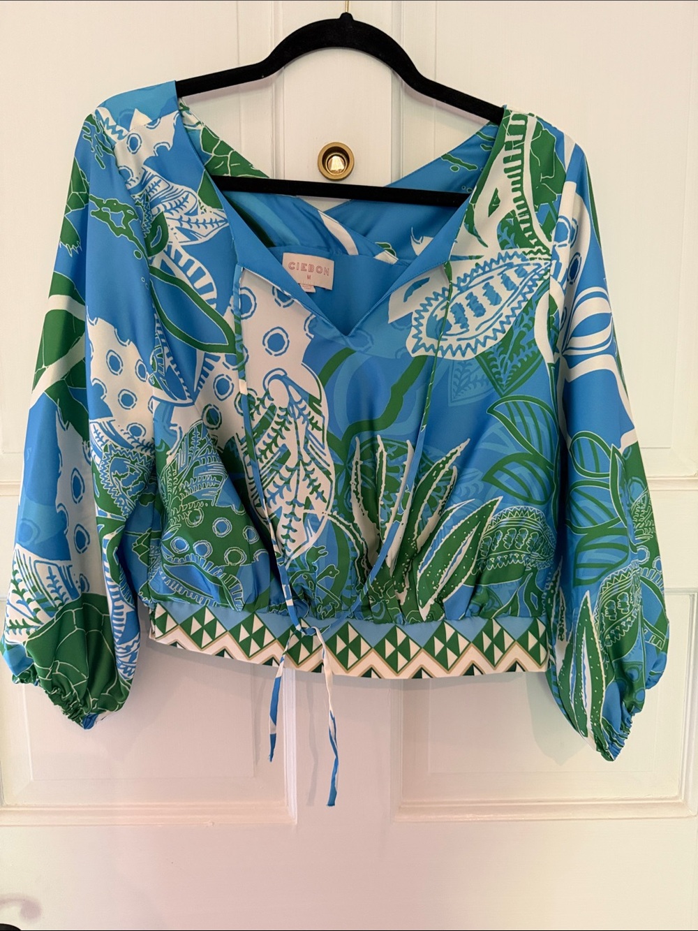 Ciebon Blue & Green Botanical V-Neck Blouse